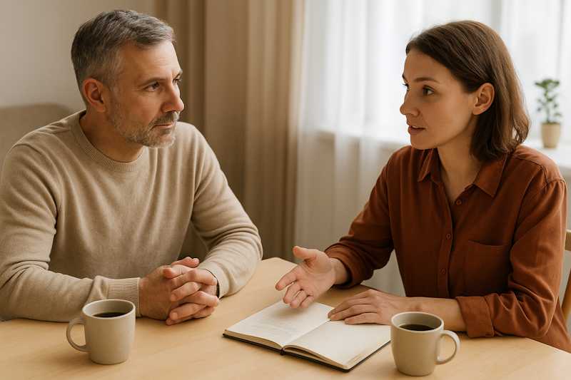 Open consultgesprek tussen consulent en cliënt aan tafel, notitieboek en koffie erbij, warme setting zonder zweverigheid