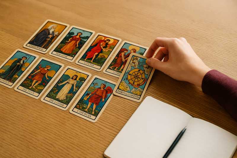 Hand die kaarten trekt bij een kaartlegging