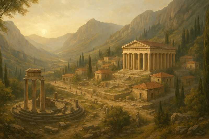 Artistieke impressie van het Orakel van Delphi, tempel in berglandschap, klassieke oudheid