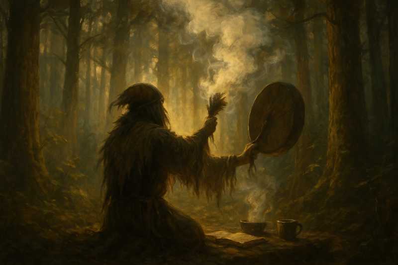Sfeervolle impressie: sjamaan voert ritueel uit in het bos, rook en lichtstralen, geen gezicht zichtbaar