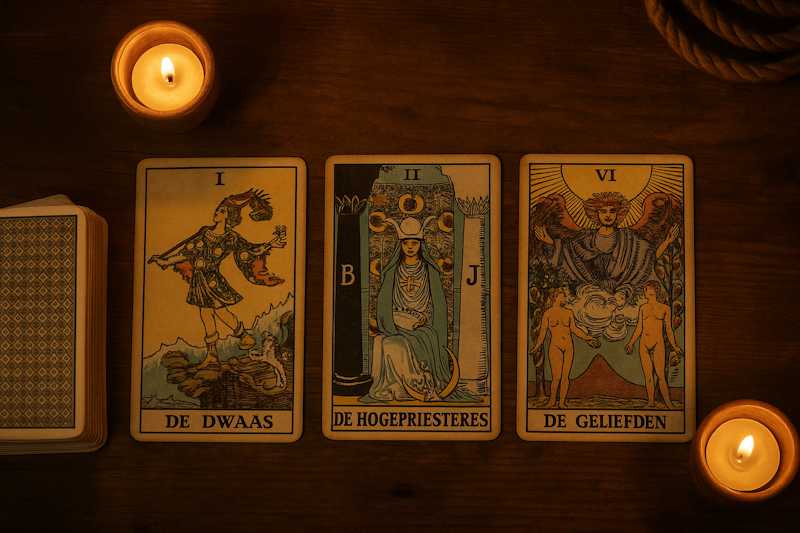 Tarotkaarten op tafel met brandende kaars