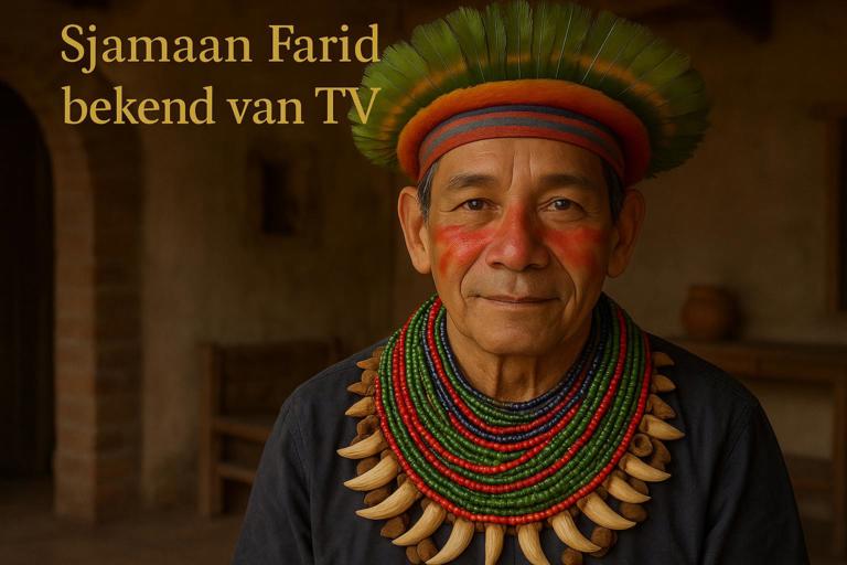 Portret van Sjamaan Farid, bekend van TV, met kleurrijke verentooi en kralenkettingen, zittend in een warme, rustieke Peruaanse omgeving.