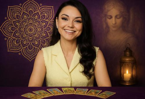 Een vrouw met lange donkere haren en een warme glimlach zit aan een tafel met tarotkaarten uitgespreid voor zich. Ze draagt een gele top en zit in een