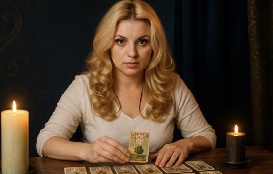 Spiritueel medium Elena voert een Lenormand kaartlegging uit in een warme, mystieke setting. Ervaren paragnost en relatiecoach met helderziende gaven.