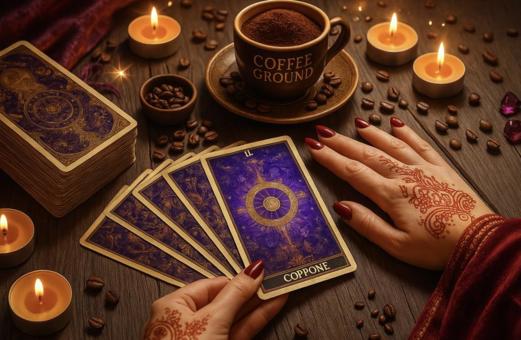 riendelijke Turkse man met kort zwart haar en een rustige uitstraling, zittend aan een houten tafel met tarotkaarten en een kopje Turkse koffie.