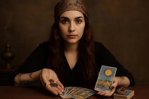 Medium Catharina met tarotkaarten en munten, in Oost-Europese spirituele sfeer, met hoofddoek, rode haren en serene, mystieke uitstraling.