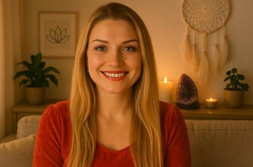 riendelijke vrouw met lang blond haar en een warme uitstraling, zittend in een serene, huiselijke omgeving met spirituele accenten 