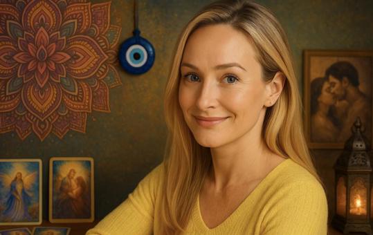 Spiritueel medium Joy aan een houten tafel in een warme, rustgevende setting. Paragnost en empathisch coach, gespecialiseerd in Lenormand kaarten, ene