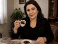 Medium Filiz kijkt vriendelijk in de camera tijdens een koffiedik sessie aan tafel, met een kopje Turkse koffie en een rustige huiselijke achtergrond.