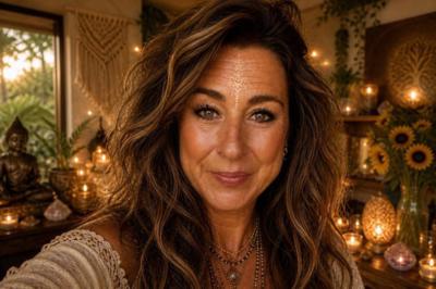 Spiritueel consulent Nadine aan een houten tafel in een warme, mystieke omgeving. Ervaren paragnost met een vriendelijke uitstraling, gespecialiseerd 