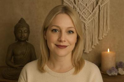 Portret van een blonde vrouw met halflang steil haar en een warme glimlach, zittend in een rustgevende spirituele setting. Ze draagt een crèmekleurige