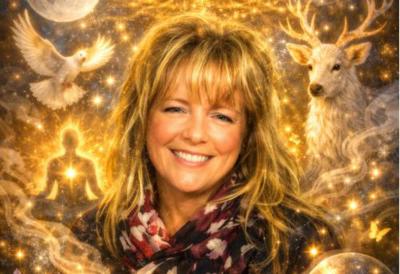 foto van paragnoste spirituele achtergrond, dame met blond haar en vriendelijke glimlach, betrouwbaar, professioneel
