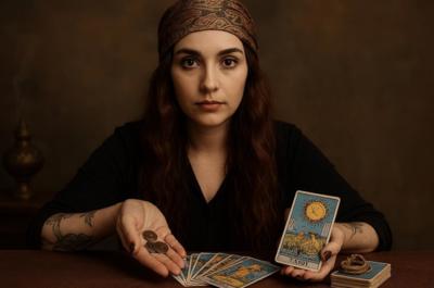 Medium Catharina met tarotkaarten en munten, in Oost-Europese spirituele sfeer, met hoofddoek, rode haren en serene, mystieke uitstraling.